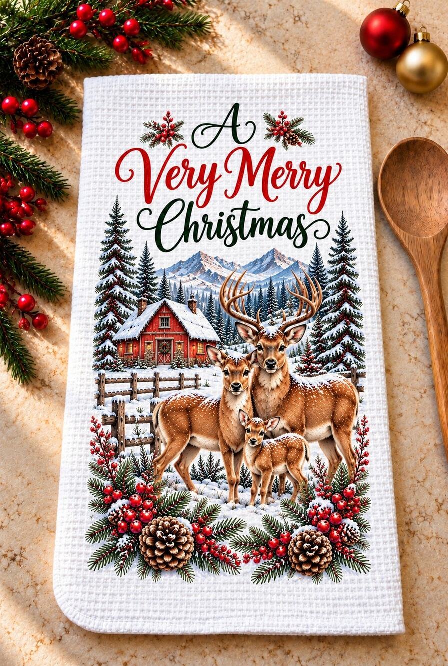 Very Merry Christmas Deer Family Kitchen Towel Rustic Winter Farmhouse Decor
